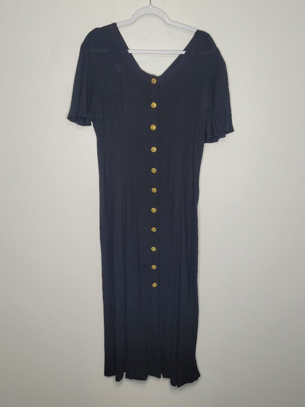 Vintage Coco Bianco black button front short sleeve modest midi maxi dress 12